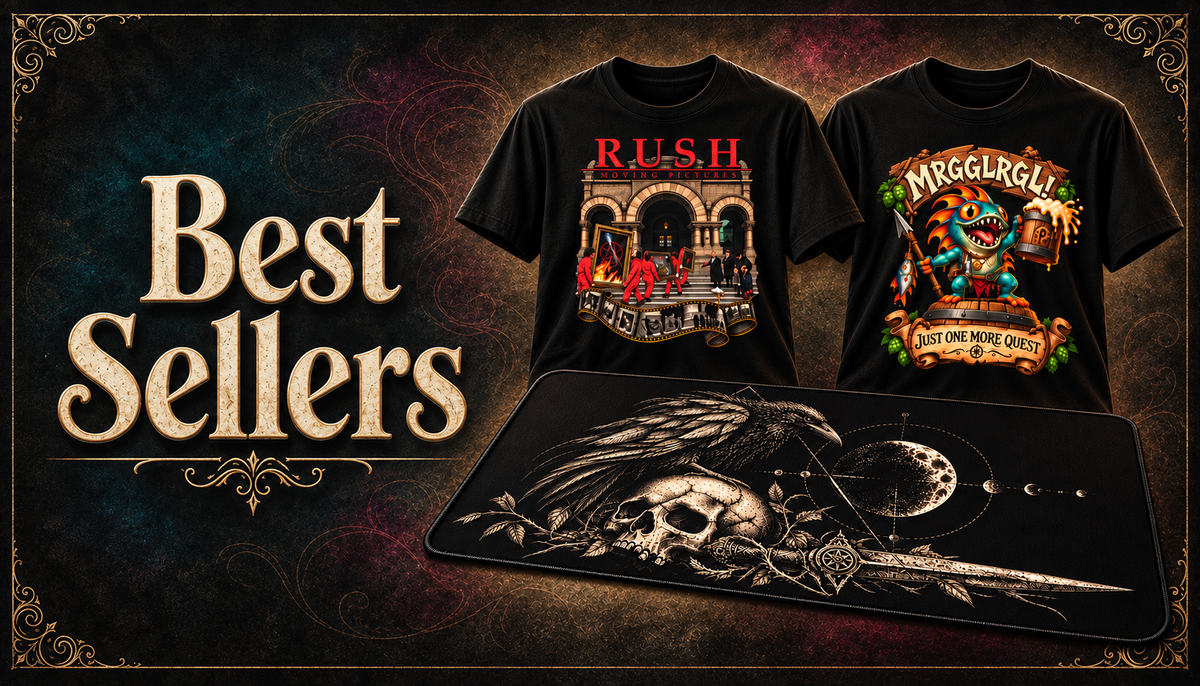 Rush Moving Pictures and Murloc graphic T-shirts displayed with a Gothic Raven and Skull desk mat.
