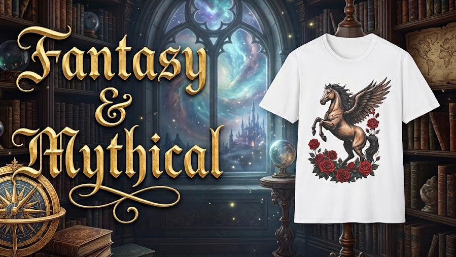 A white graphic T-shirt displayed on a mannequin stand in a fantasy library setting. The shirt features a detailed illustration of a winged horse (Pegasus) with red roses at its hooves.