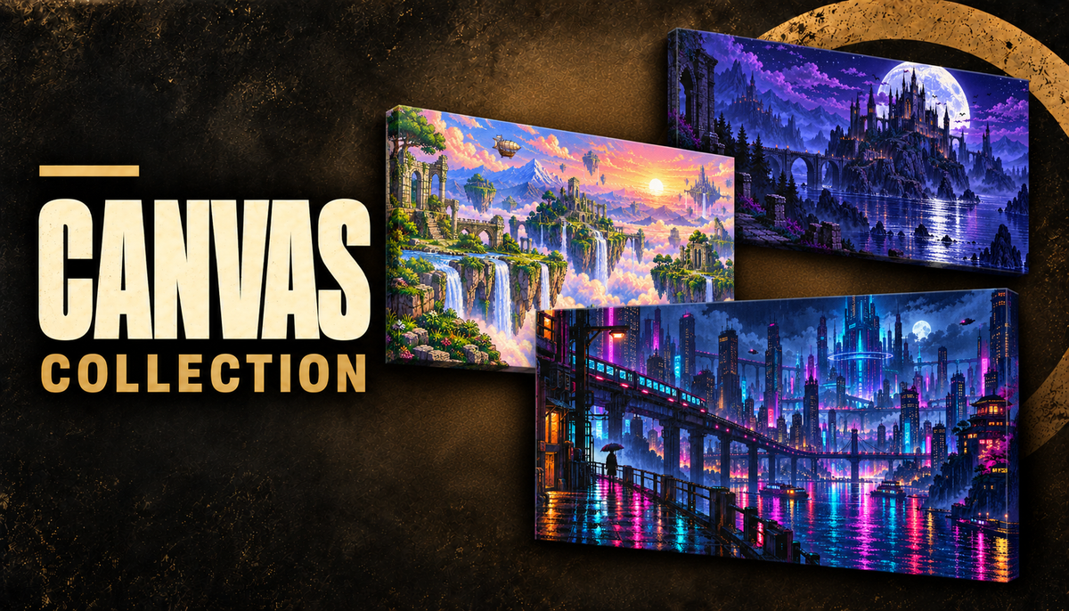 Canvas prints of a neon city, floating fantasy islands and a moonlit gothic castle on a dark gold collection banner.