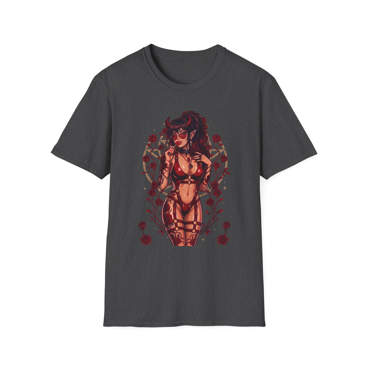 Sexy Succubus Tattoo Pin-Up Girl T Shirt - Rose Halo Graphic T-Shirt