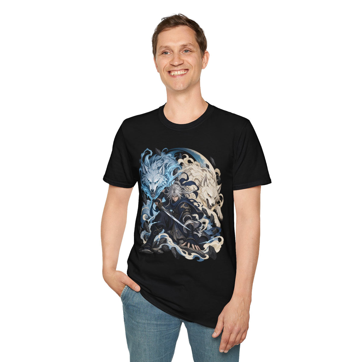 Wolf Spirit T-Shirt | Japanese Samurai | Yin Yang Blue & White Wolves Graphic Tee
