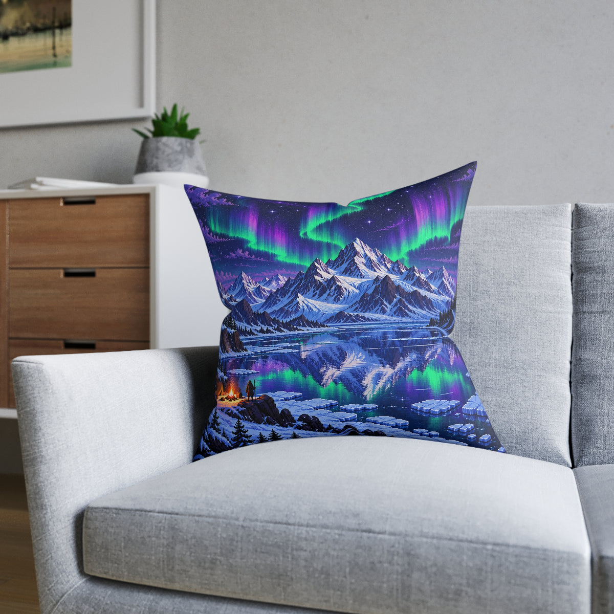 Frozen Mountains Pixel Art Aurora Cushion | Decorative Sofa Pillow