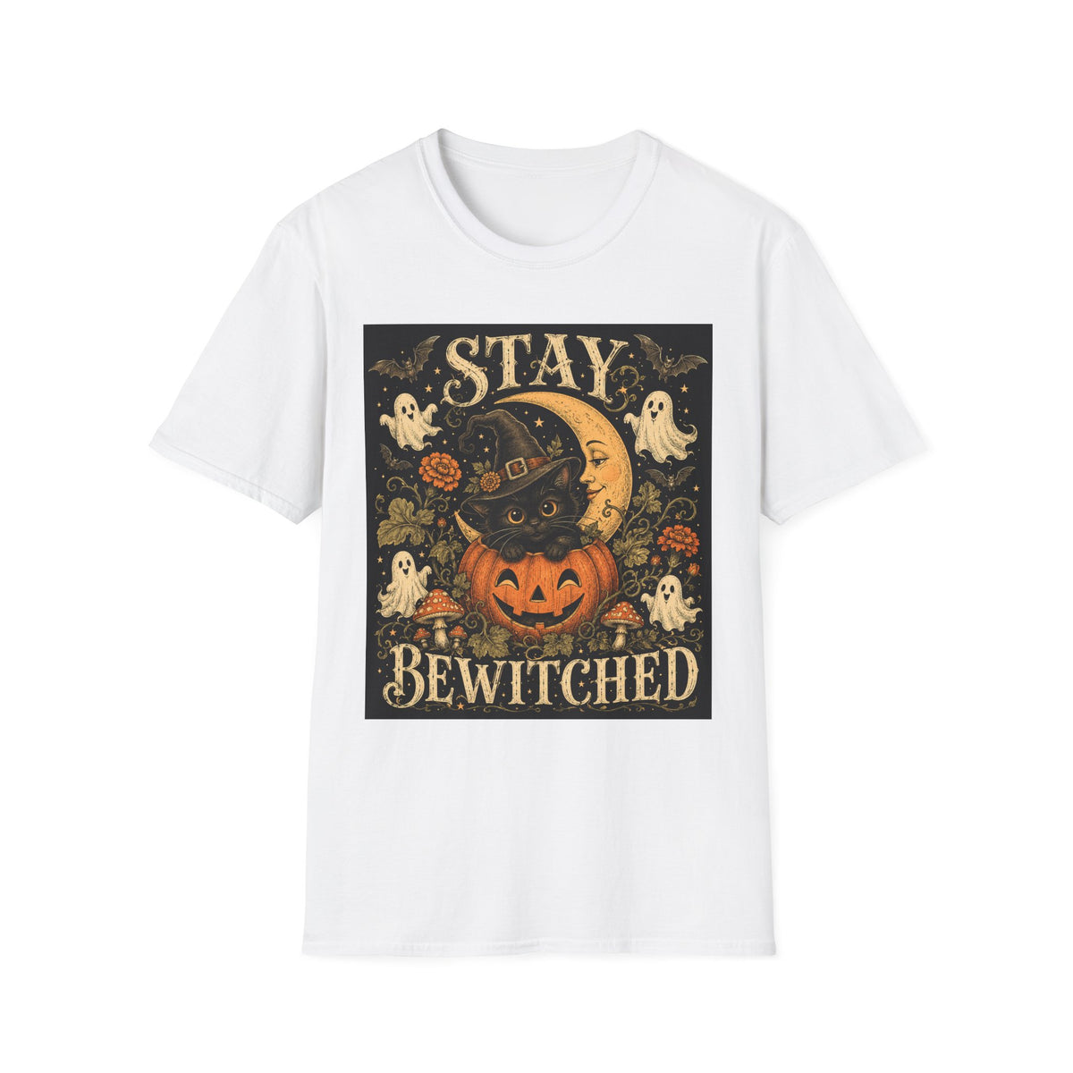 Halloween 'Stay Bewitched' T‑Shirt — Vintage Moon, Black Cat & Pumpkin Design