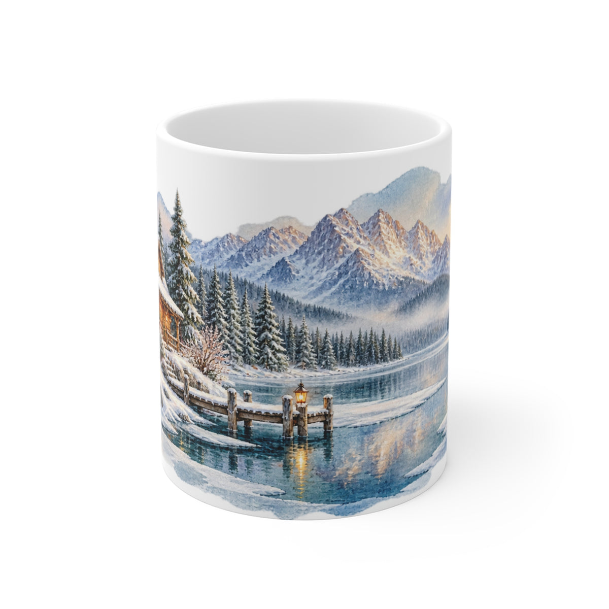 Snowy Cabin Mug | Winter Lake Watercolour | Cosy Cottage Gift