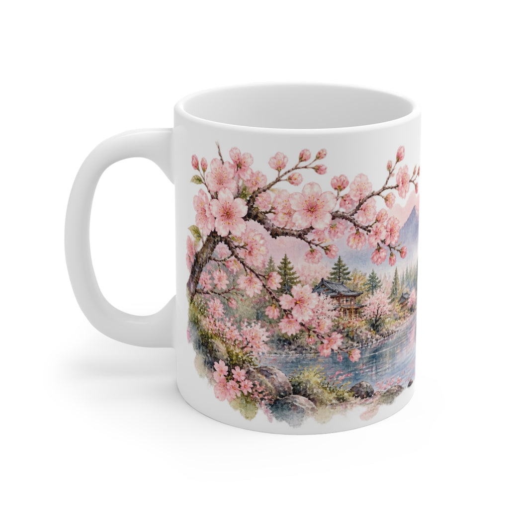 Cherry Blossom Lake Watercolour Mug | Sakura Landscape
