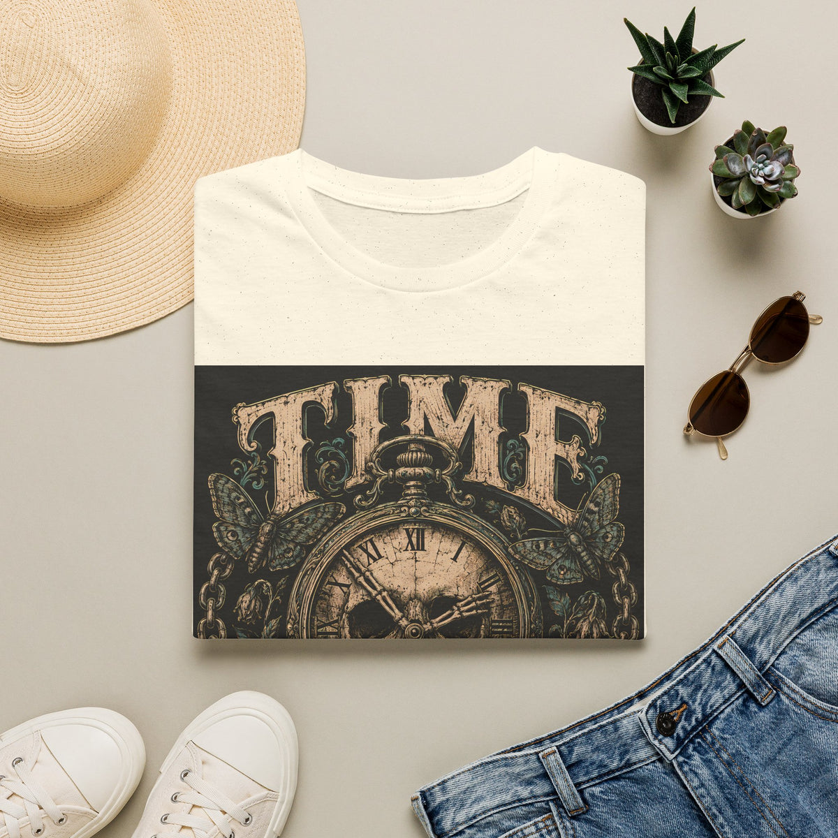 TIME Eats Everything T-Shirt — Vintage Clock & Skull Graphic Tee