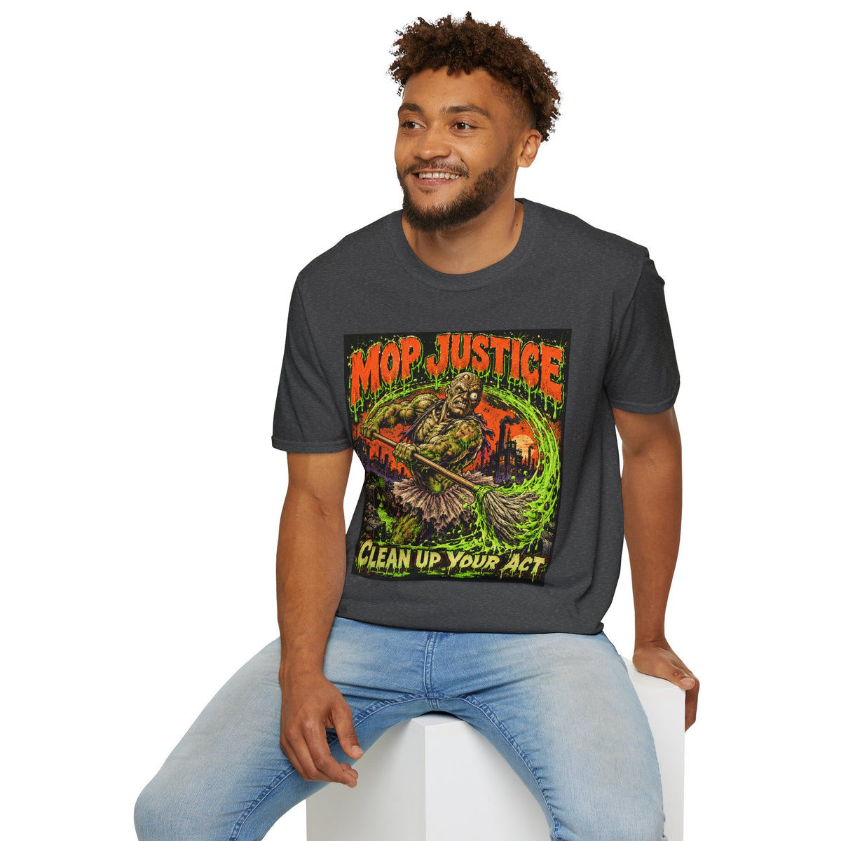 Mop Justice T-Shirt — Retro Horror Cleanup Graphic Tee ("Clean Up Your Act")