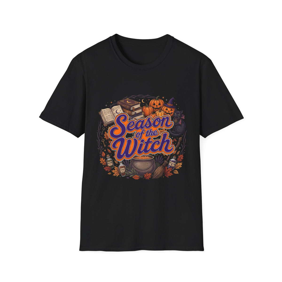 Black T-shirt with Season of the Witch lettering with pumpkins, spellbooks and a witch hat, front view.