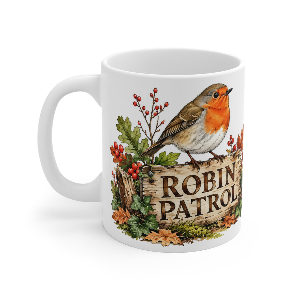 Robin Patrol Mug | Rustic Robin & Woodland Bird Watcher Coffee Cup (11oz)