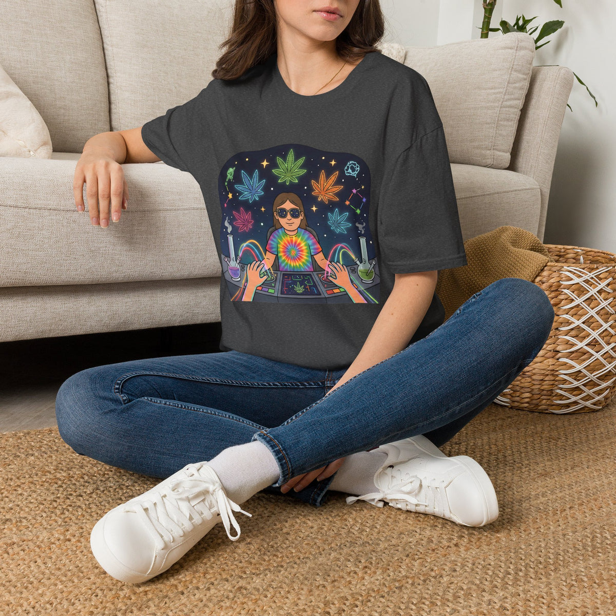 Psychedelic DJ Tee — Tie-Dye Vibes with Leaf Motif