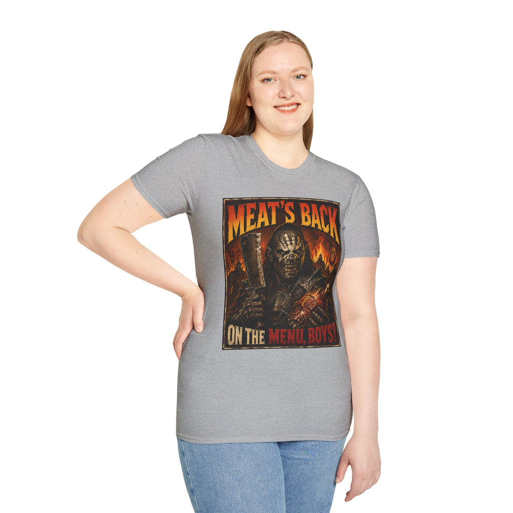 Meat’s Back Horror Graphic T-Shirt — ‘Meat’s Back on the Menu Boys’ Retro Slayer Tee