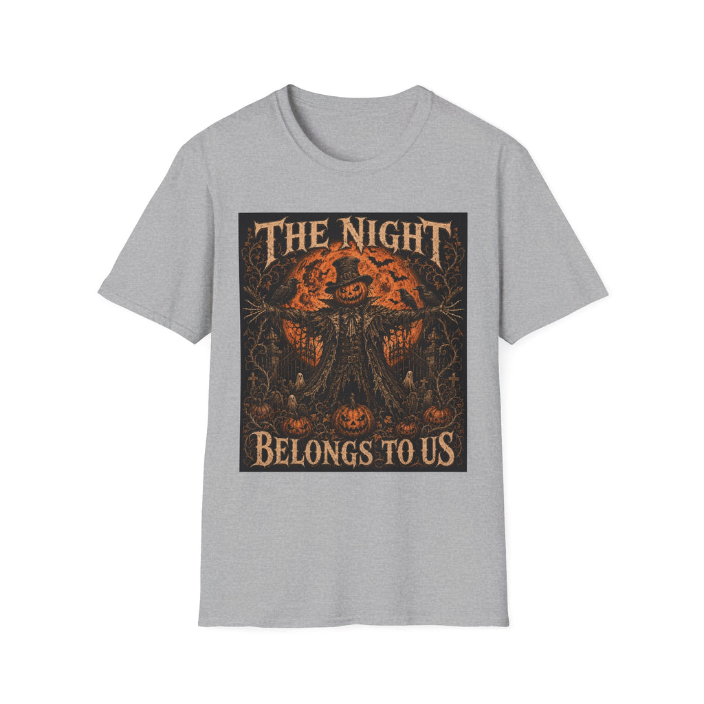 Halloween Scarecrow T-Shirt — "The Night Belongs To" Spooky Pumpkin Graphic