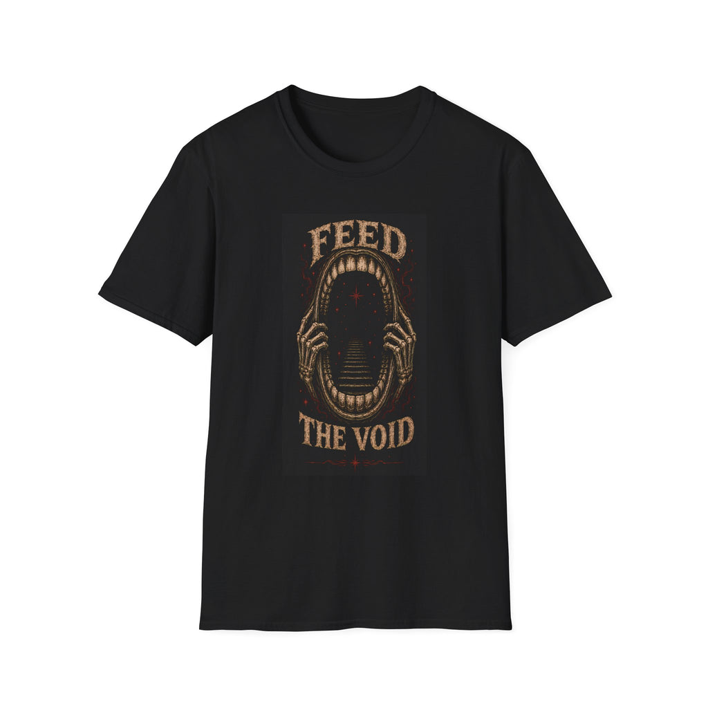 Black T-shirt with Feed the Void text around a dark open mouth, front view.