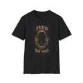 Black T-shirt with Feed the Void text around a dark open mouth, front view.
