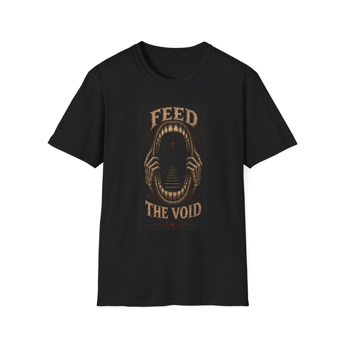 Black T-shirt with Feed the Void text around a dark open mouth, front view.