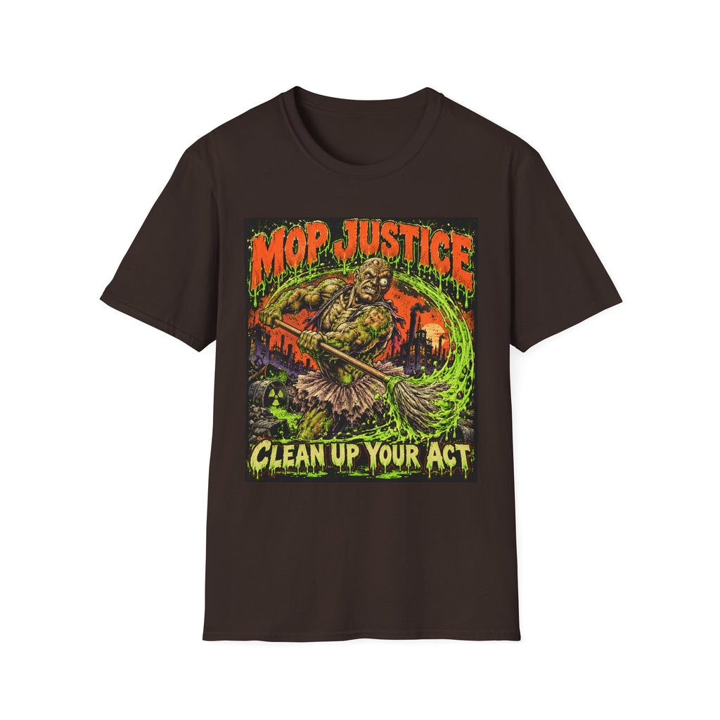 Mop Justice T-Shirt — Retro Horror Cleanup Graphic Tee ("Clean Up Your Act")