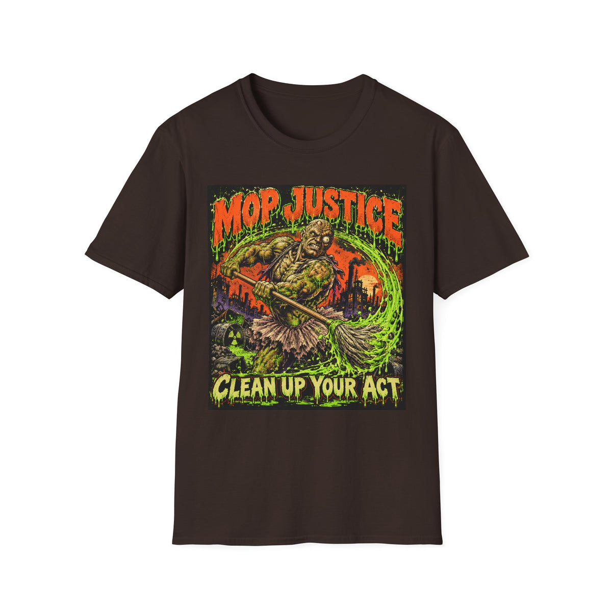Mop Justice T-Shirt — Retro Horror Cleanup Graphic Tee ("Clean Up Your Act")