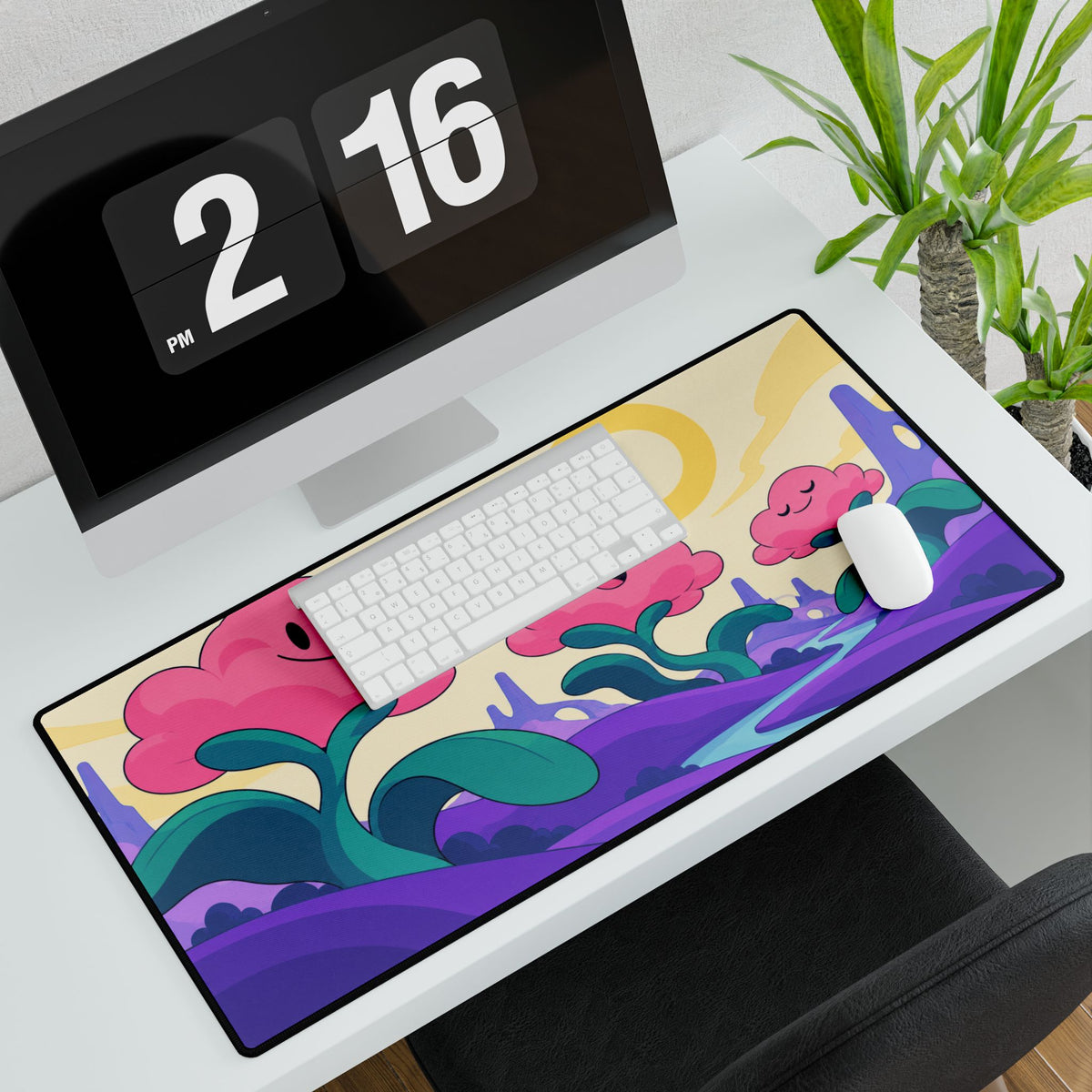Whimsical Pink Flower Landscape Desk Mat