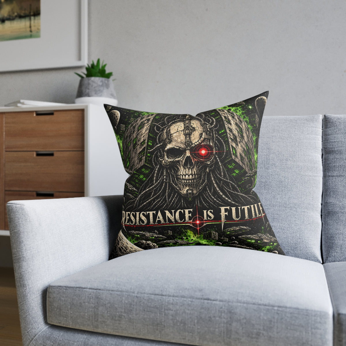 Resistance Is Futile Sci Fi Cyborg Skull Cushion | Decorative Sofa Pillow