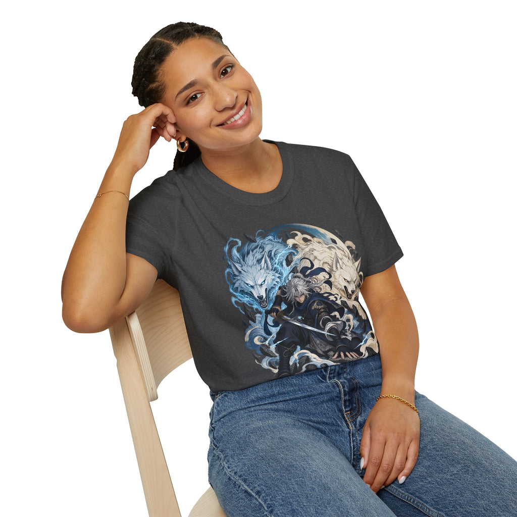 Wolf Spirit T-Shirt | Japanese Samurai | Yin Yang Blue & White Wolves Graphic Tee