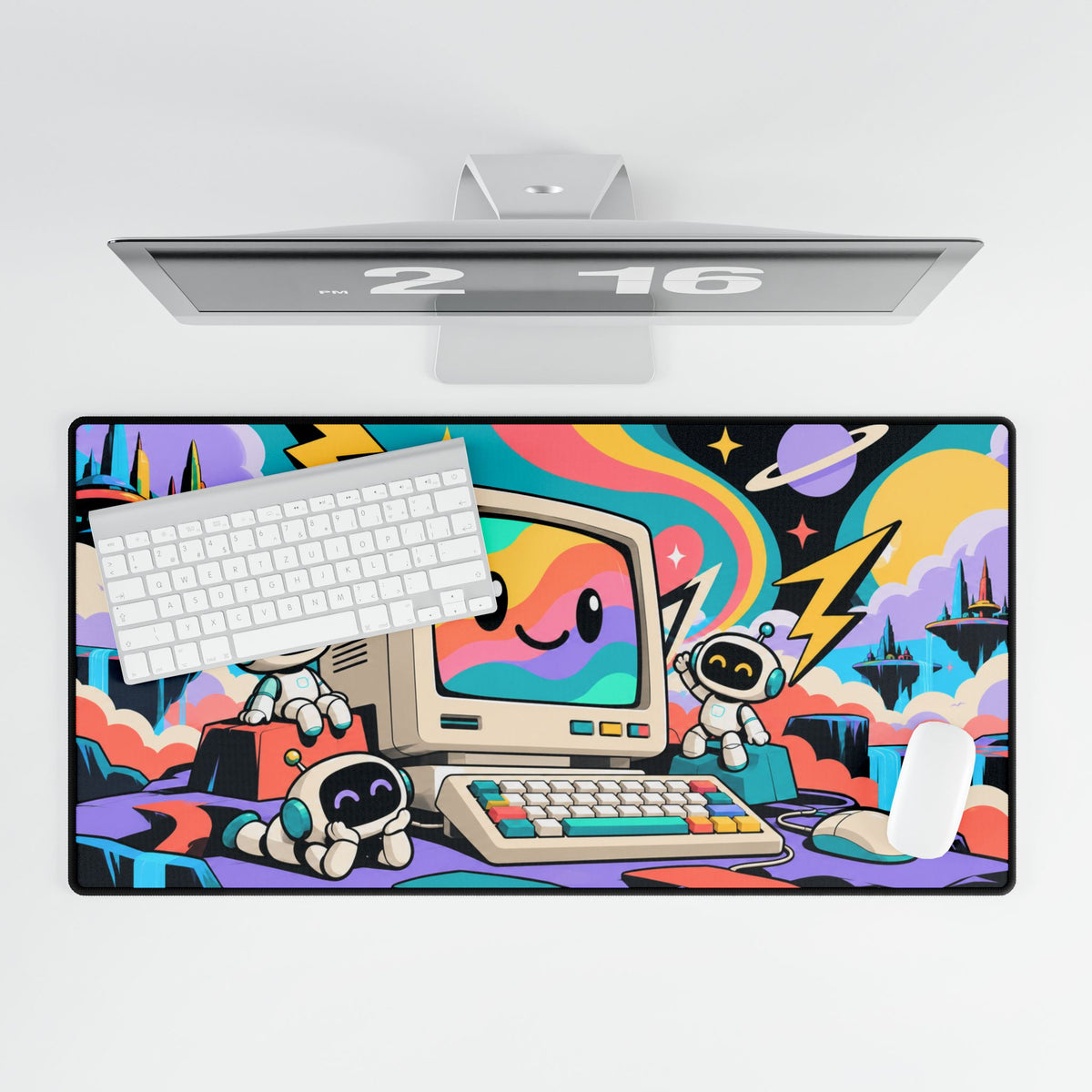 Mouse Pad | Retro Computer | Rainbow Monitor & Cute Robot Art | Desk Mat