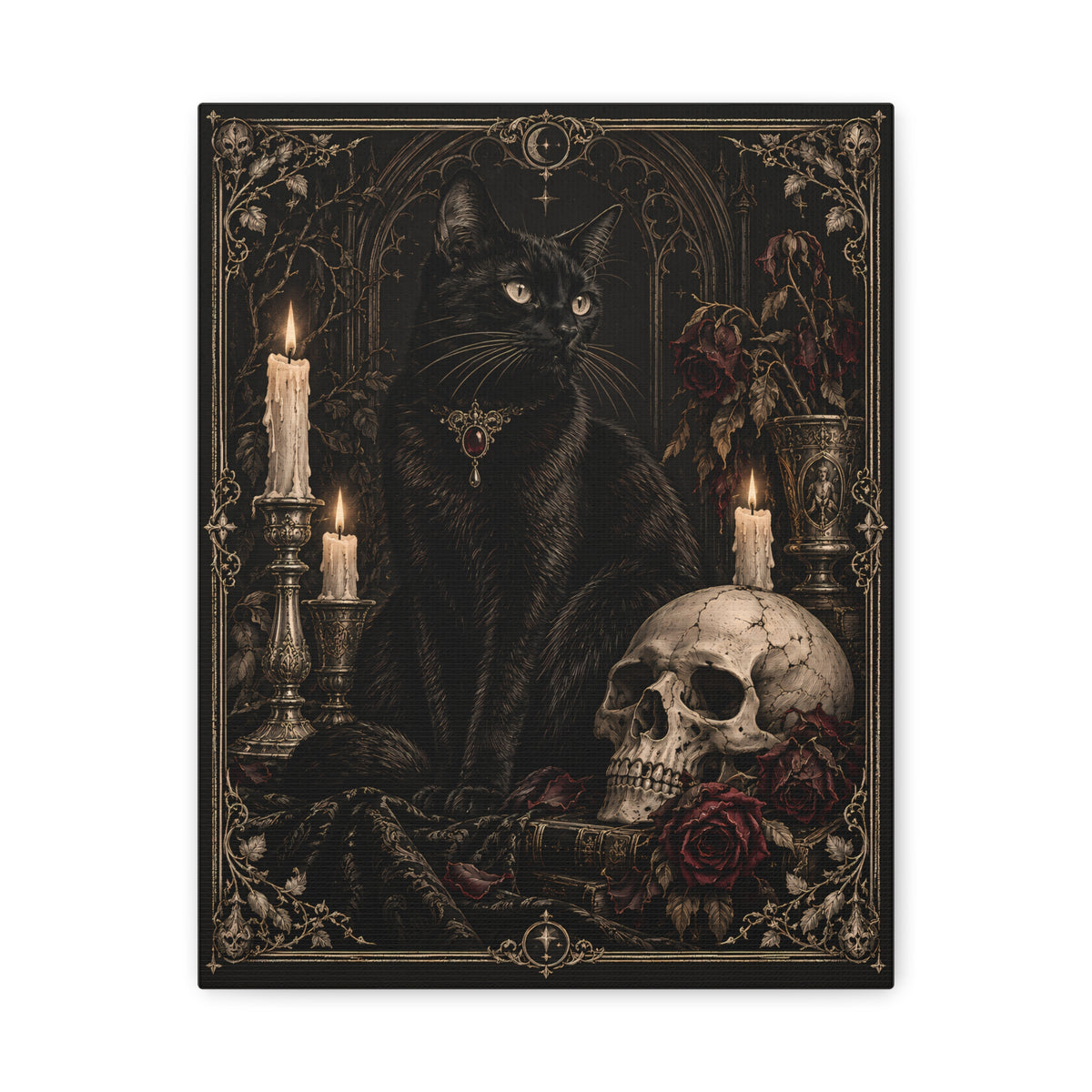 Canvas | Gothic Black Cat & Skull | Occult Wall Art