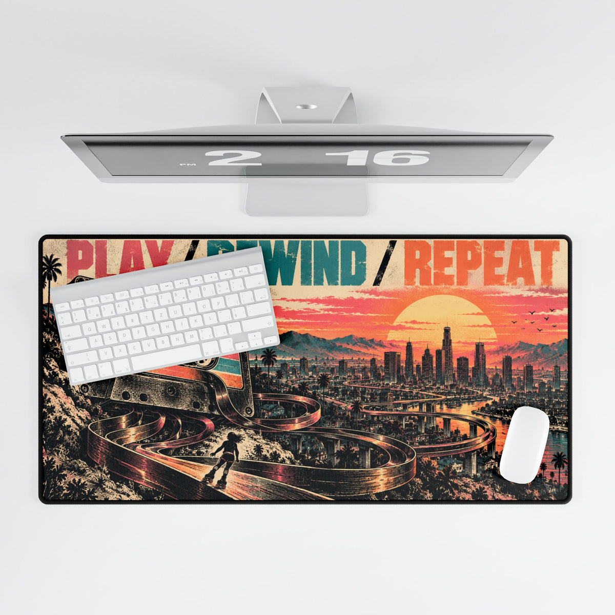 Mouse Pad | Retro 'Play / Rewind / Repeat' | Vintage Cassette Sunset Gaming Desk Mat