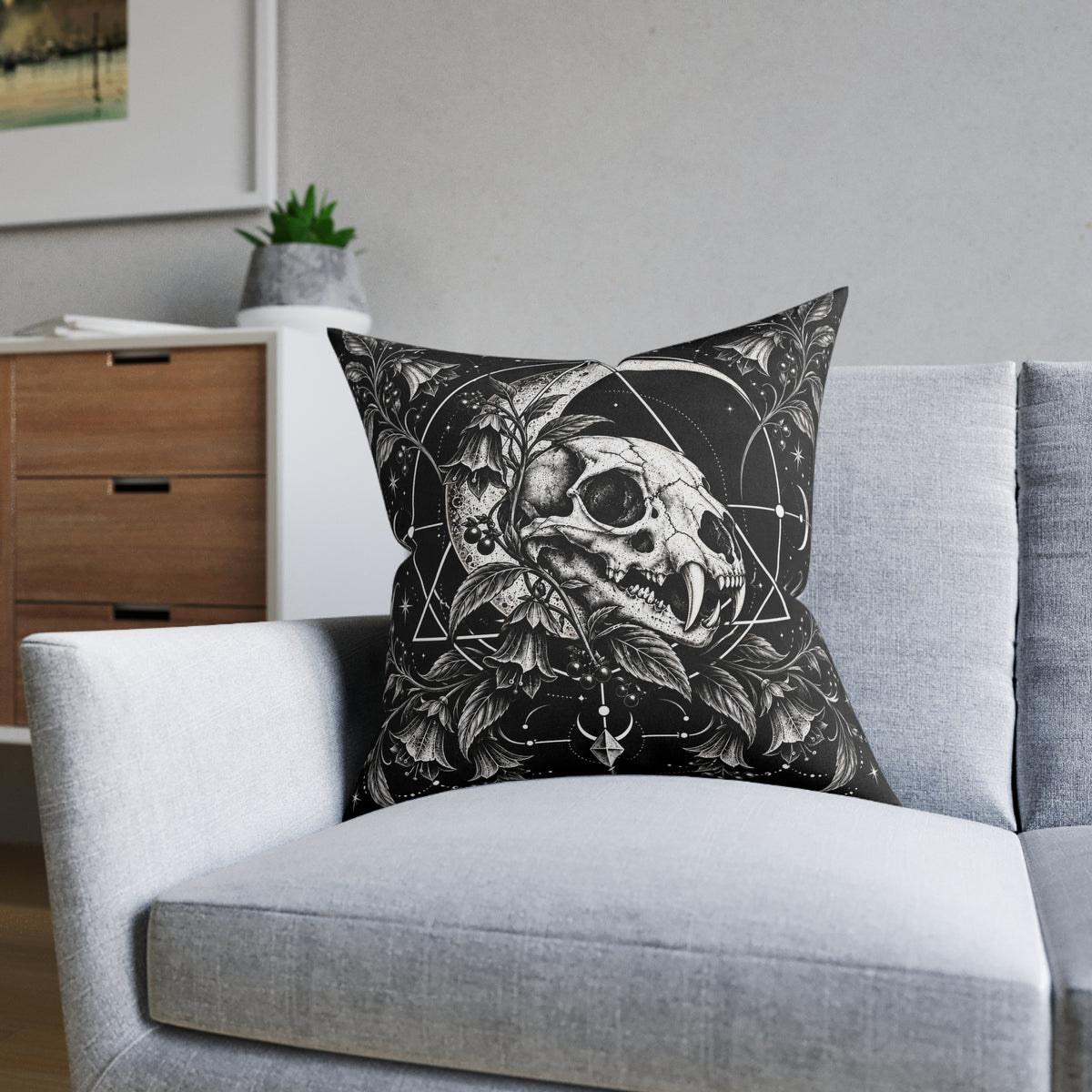Cat Skull Gothic Moon Botanical Cushion | Decorative Sofa Pillow