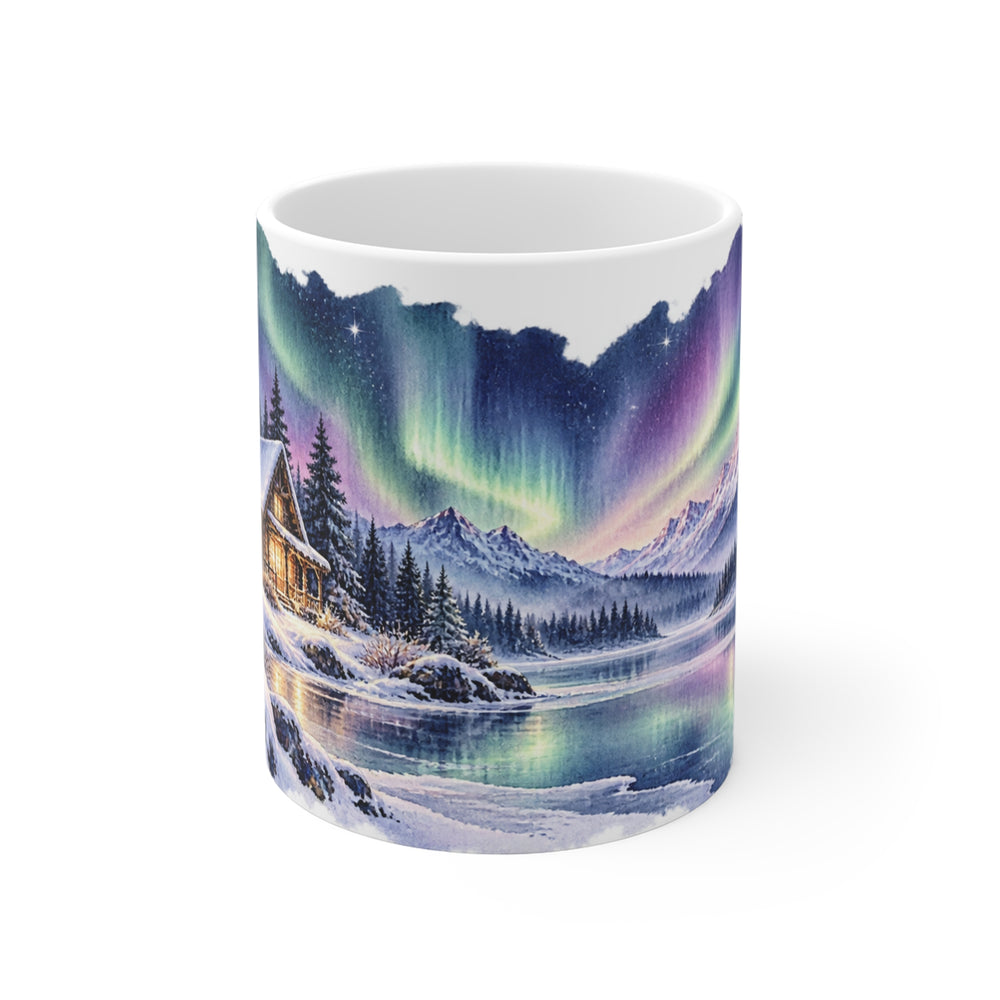 Northern Lights Mug | Winter Cabin Watercolour | Stargazer Gift