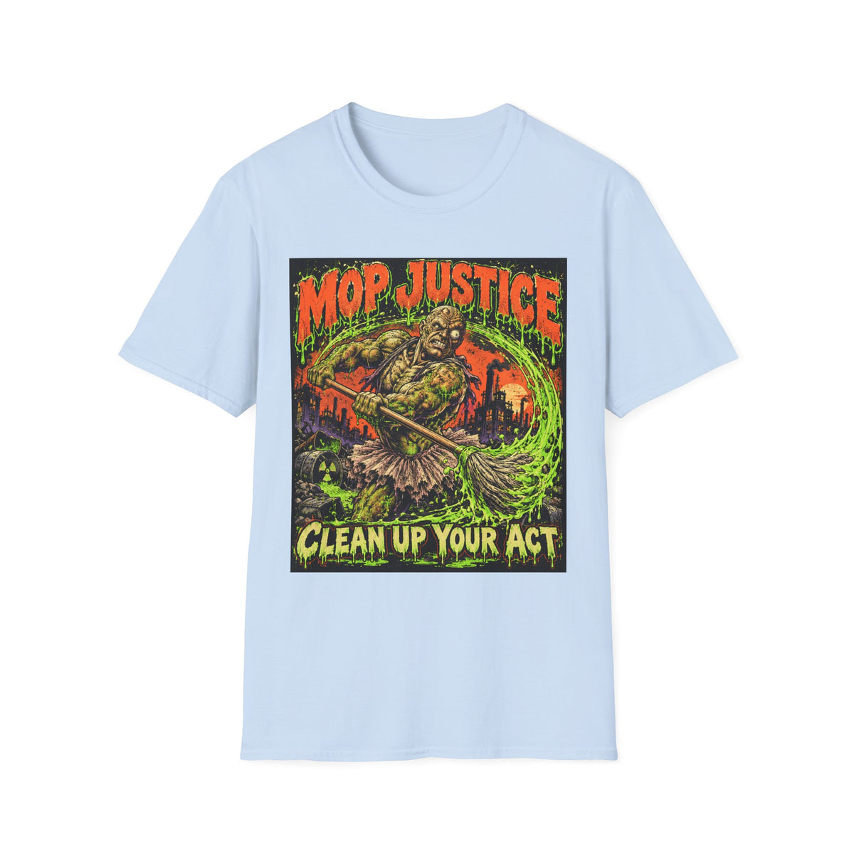 Mop Justice T-Shirt — Retro Horror Cleanup Graphic Tee ("Clean Up Your Act")