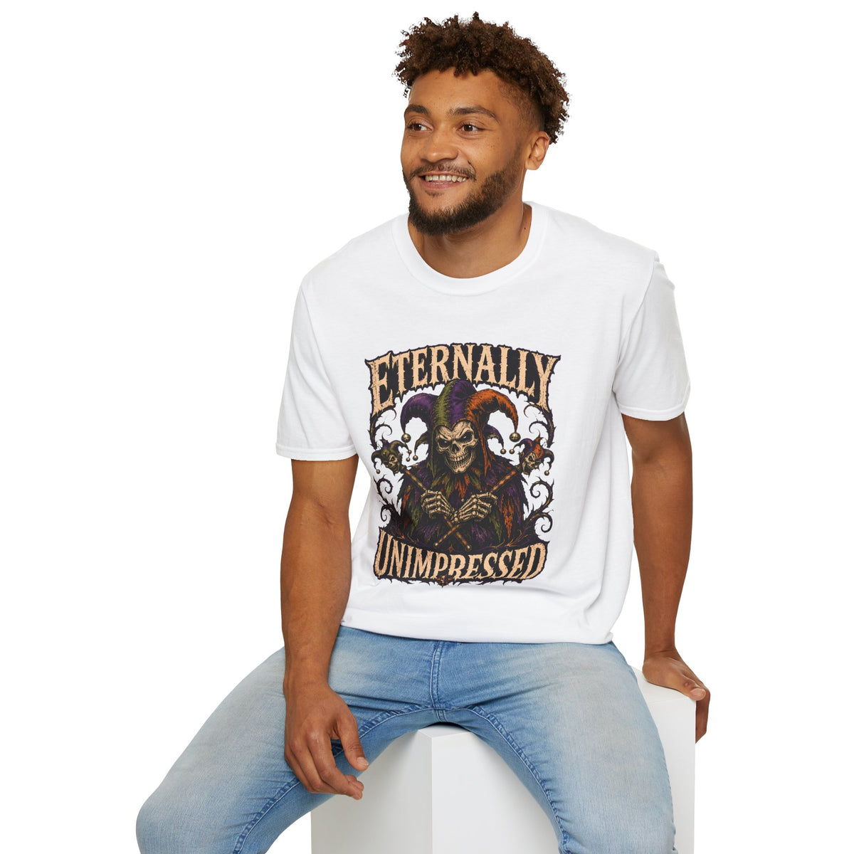 Eternally Unimpressed T-Shirt - Halloween Gothic Jester Skull Graphic Tee