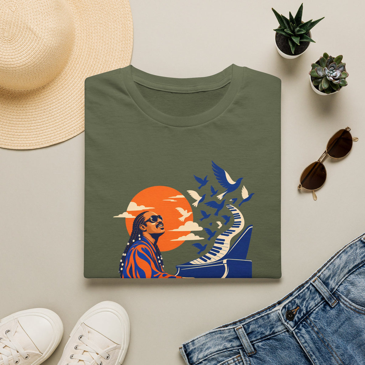 Stevie Wonder Piano Retro Tee - Vintage Sunset Music Legend T-Shirt