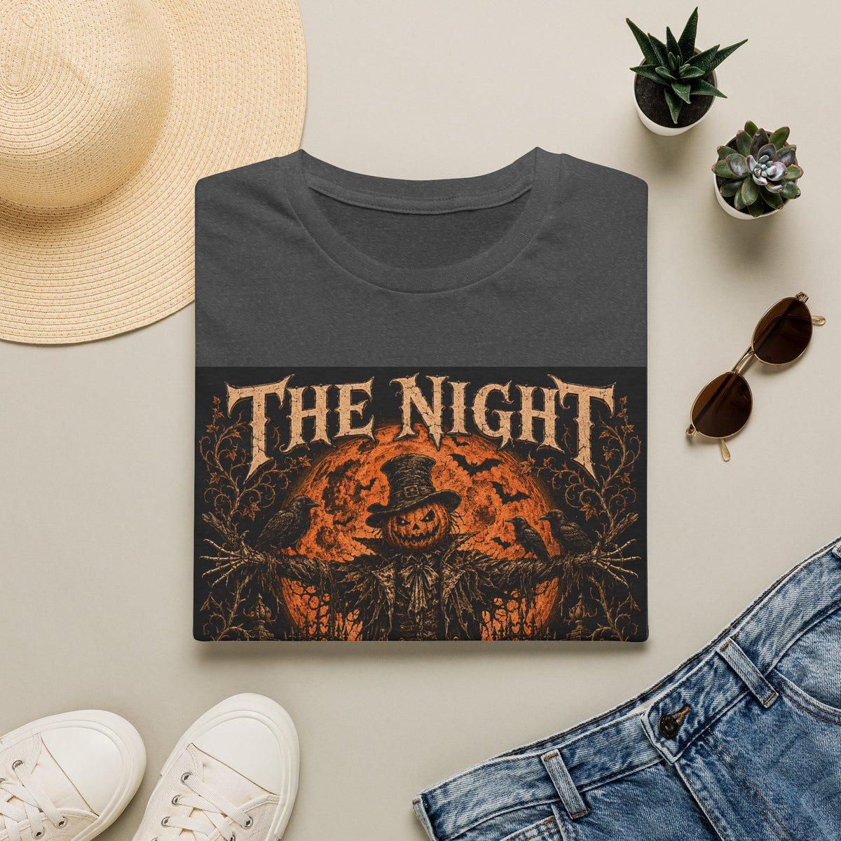 Halloween Scarecrow T-Shirt — "The Night Belongs To" Spooky Pumpkin Graphic