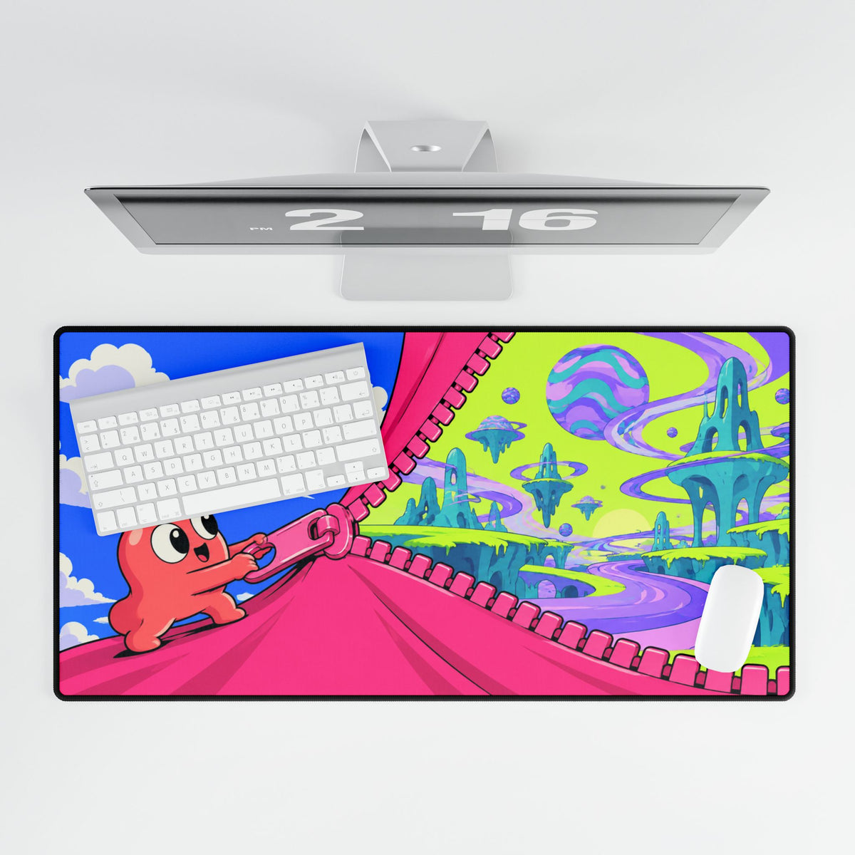 Mouse Mat | Colourful Cosmic Zipper | Cute Octopus Peeks into Neon Alien World Desk Mat