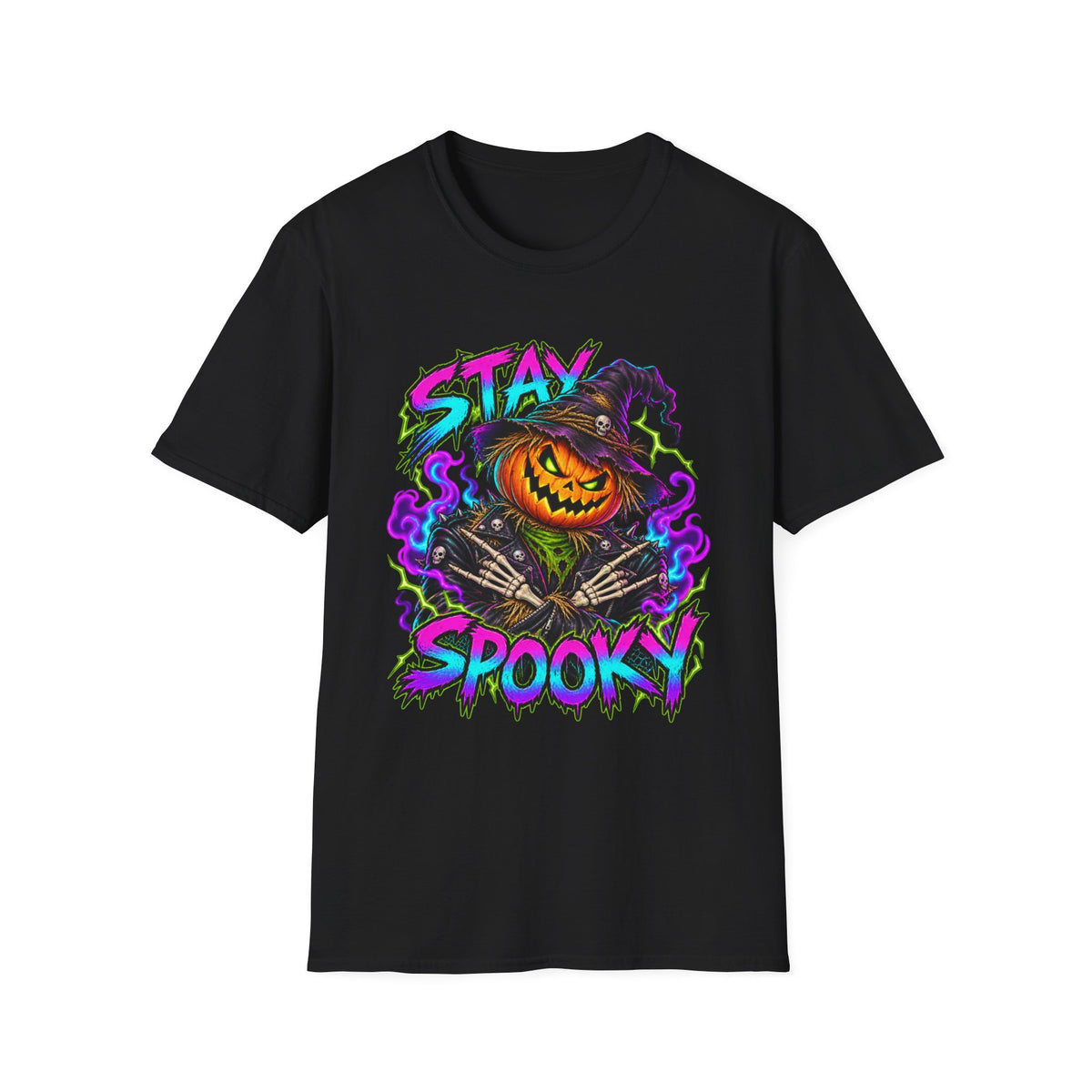 Stay Spooky | Neon Pumpkin Scarecrow Halloween Tee