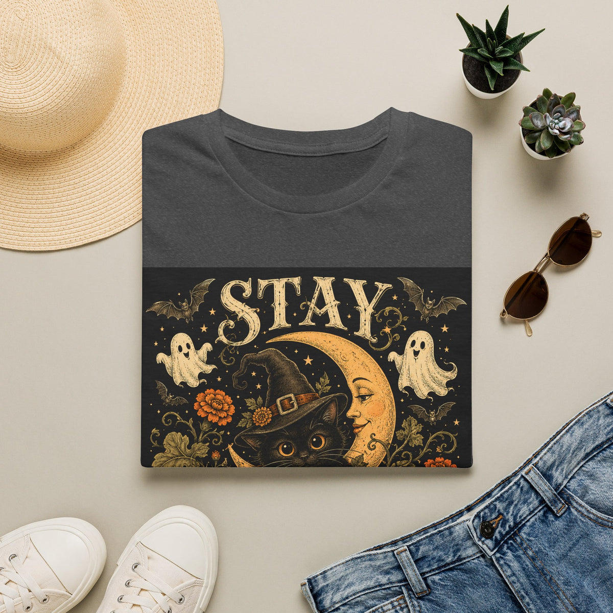 Halloween 'Stay Bewitched' T‑Shirt — Vintage Moon, Black Cat & Pumpkin Design