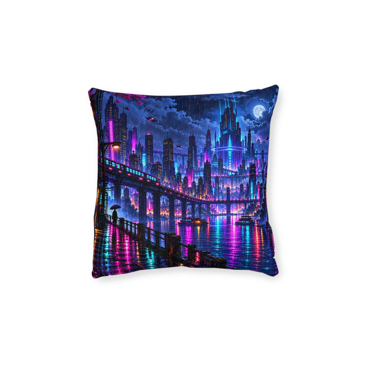Cushion artwork: A futuristic skyline glows in cyan, violet and hot pink above dark water, with elevated walkways and tall towers reflected below.