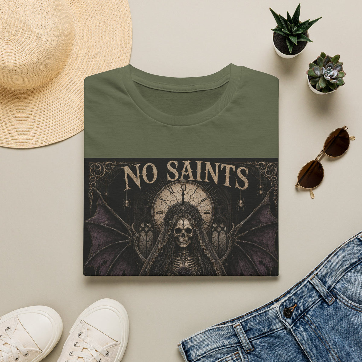 No Saints Graphic T-Shirt — Gothic Skull Clock Design