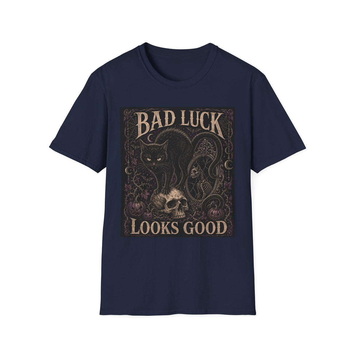 Bad Luck Black Cat Graphic T-Shirt — Gothic Skull Vintage Tattoo Tee
