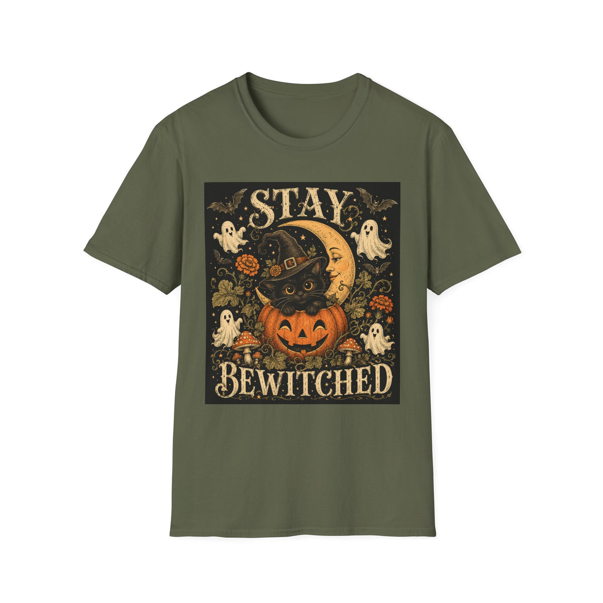 Halloween 'Stay Bewitched' T‑Shirt — Vintage Moon, Black Cat & Pumpkin Design