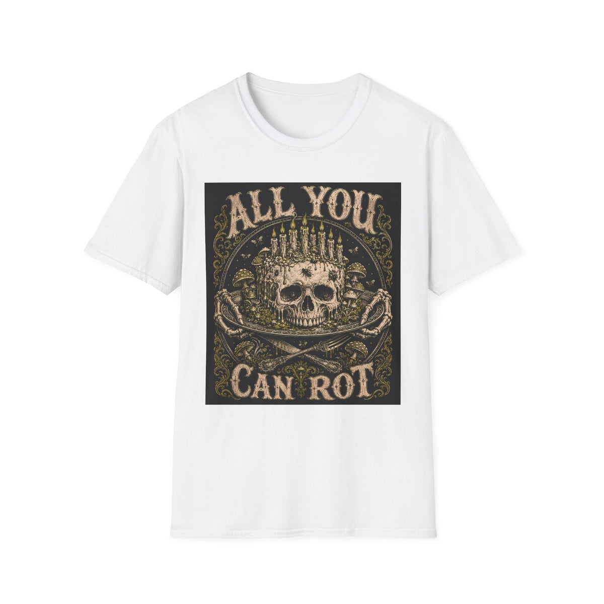 White T-shirt with All You Can Rot text and skull crowned with candles, front view.