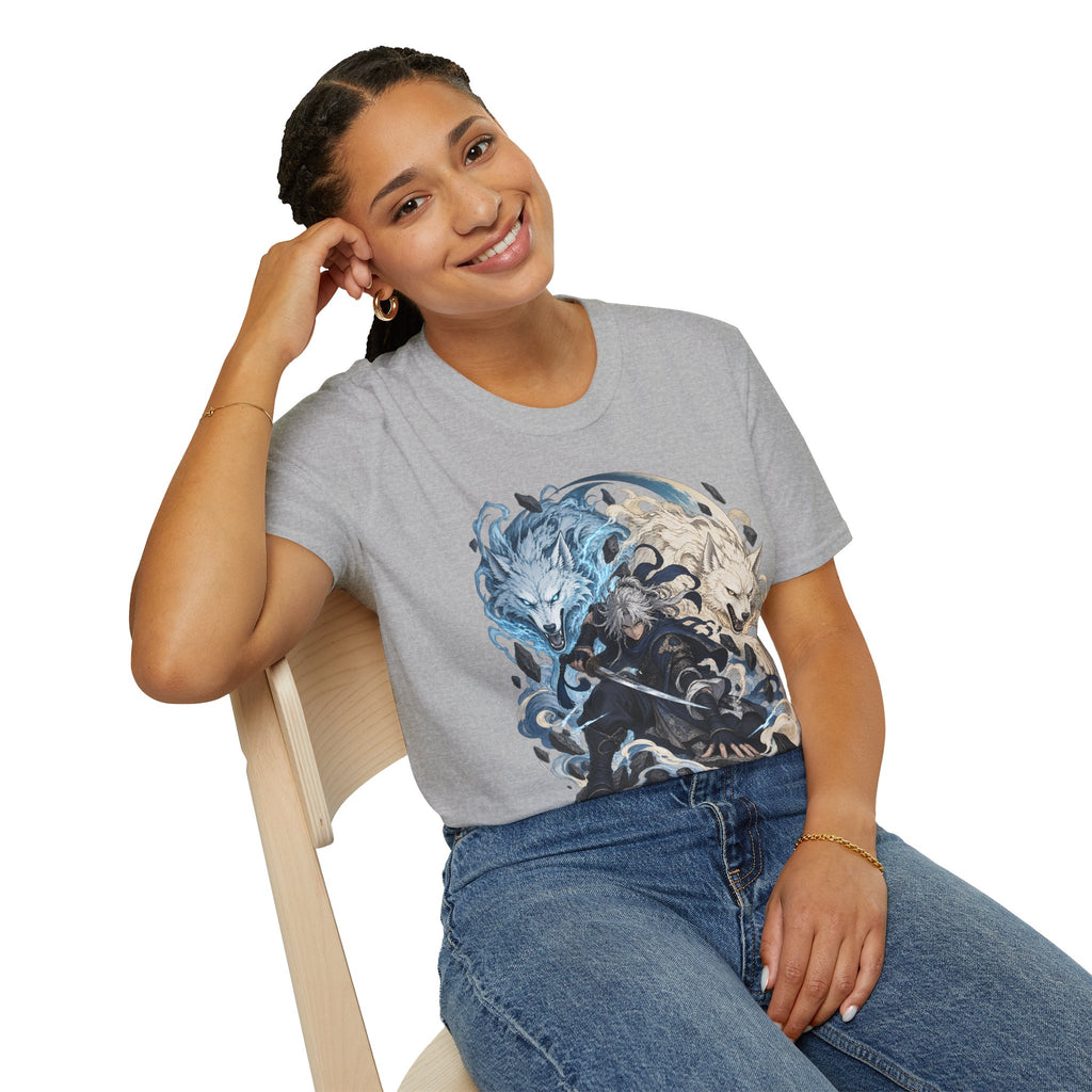 Wolf Spirit T-Shirt | Japanese Samurai | Yin Yang Blue & White Wolves Graphic Tee