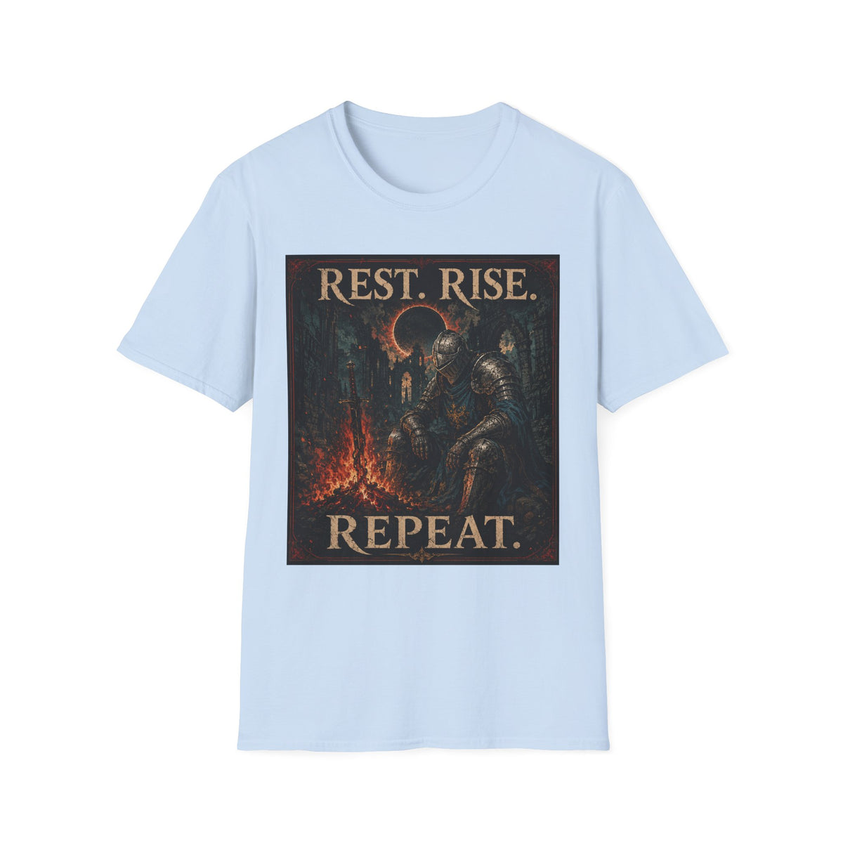 Rest. Rise. Repeat. T‑Shirt — Dark Souls Fantasy Knight Graphic Tee