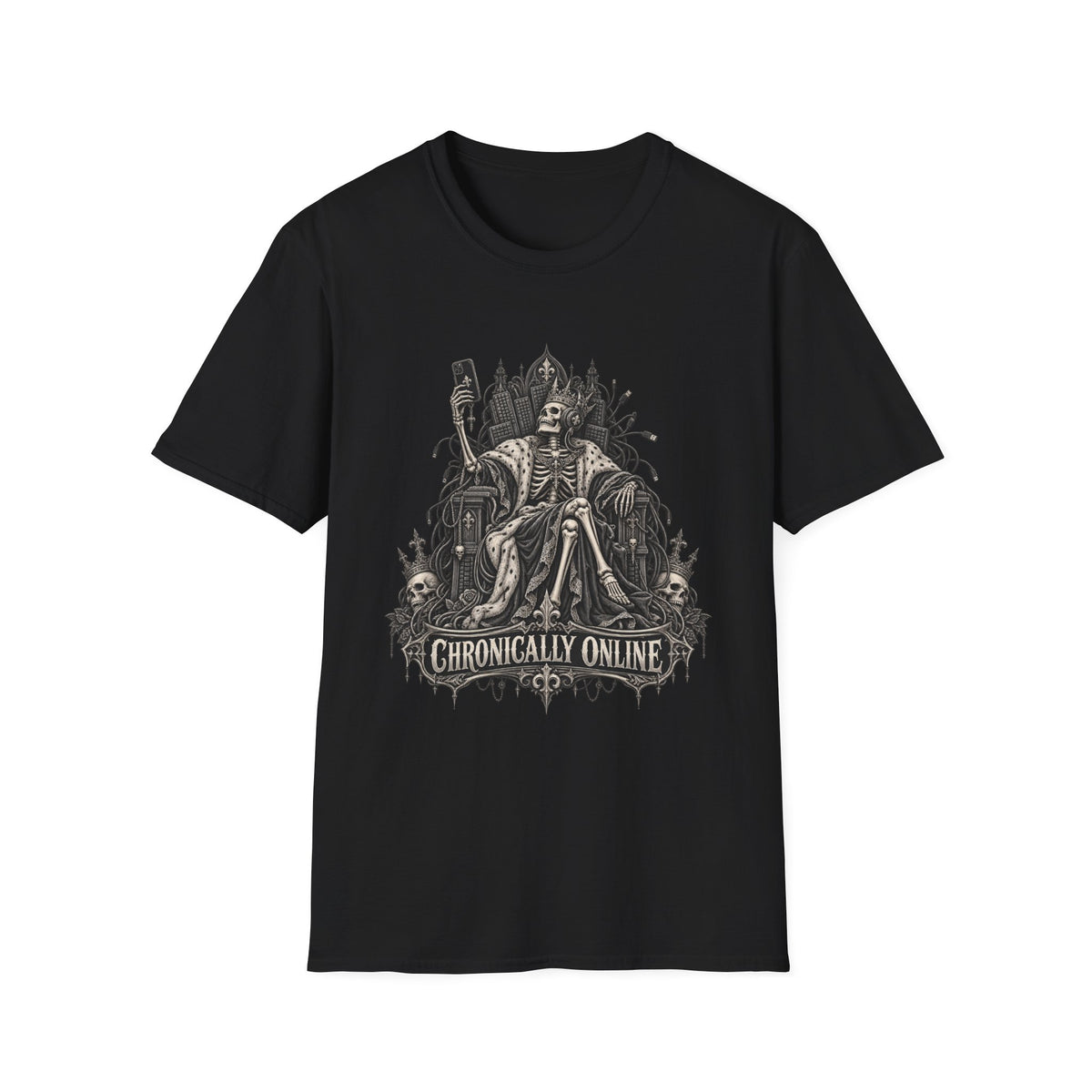 Chronically Online | Gothic Skeleton Throne Graphic Tee