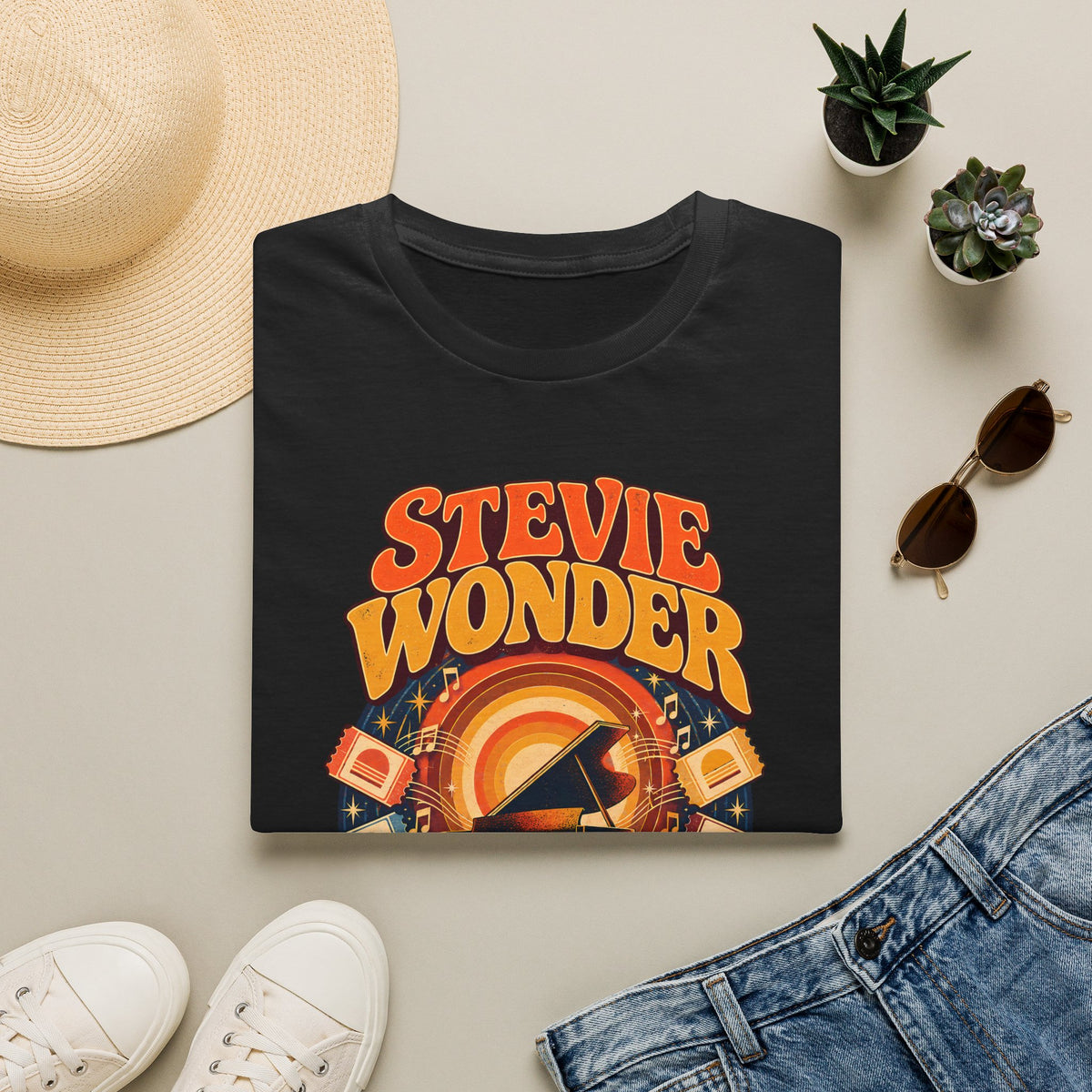 Stevie Wonder Retro Graphic T‑Shirt - Vintage Piano & Music Design