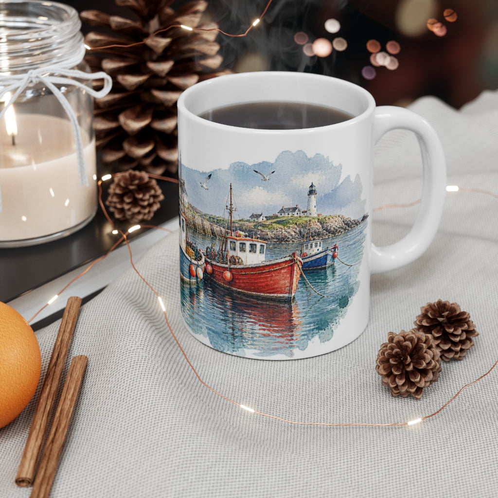 Fishing Harbour Watercolour Mug | Nautical Village Scene