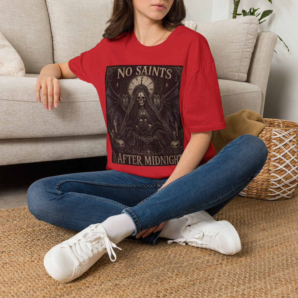 No Saints Graphic T-Shirt — Gothic Skull Clock Design