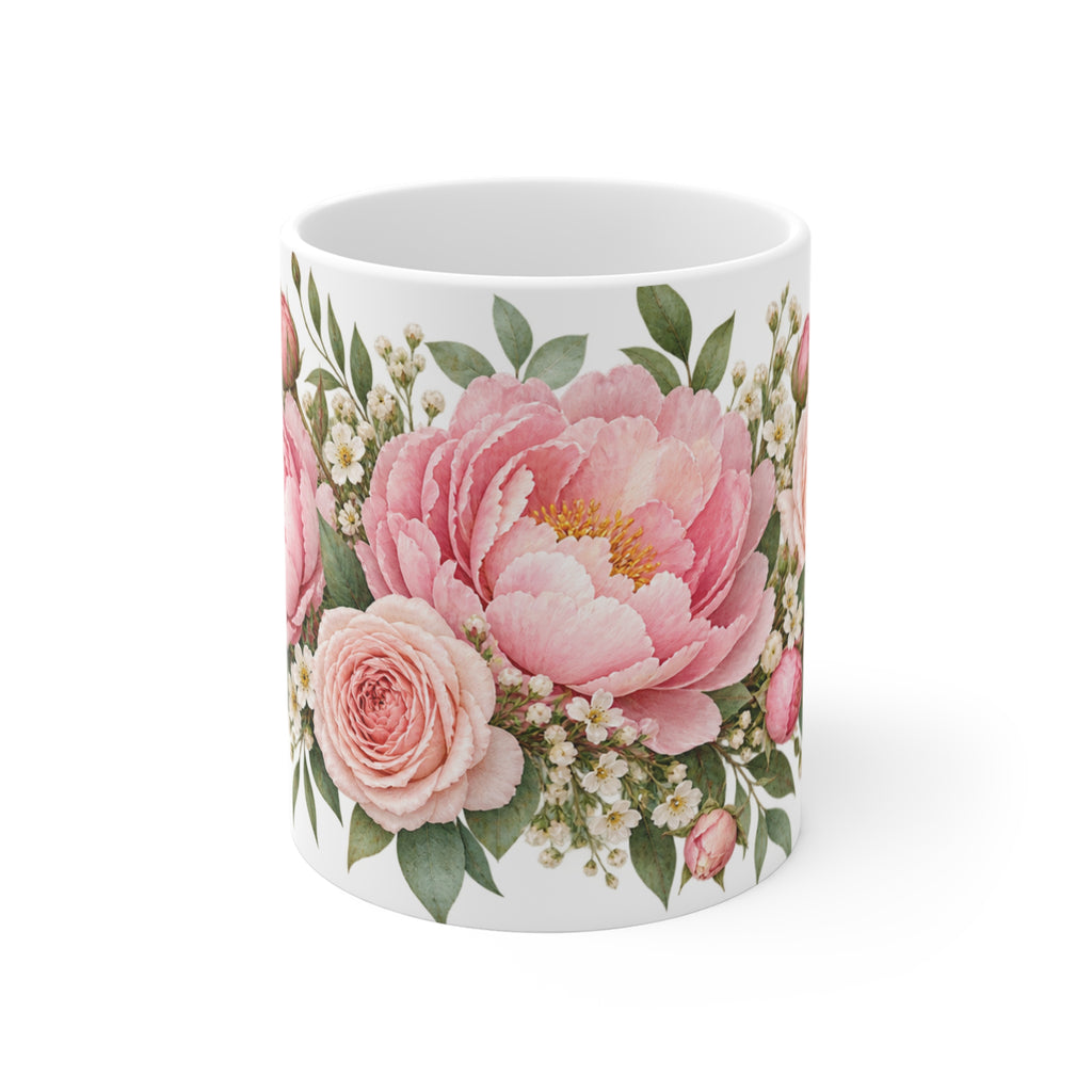 Pastel Pink Peony and Rose Floral Mug | Blush Flower Design