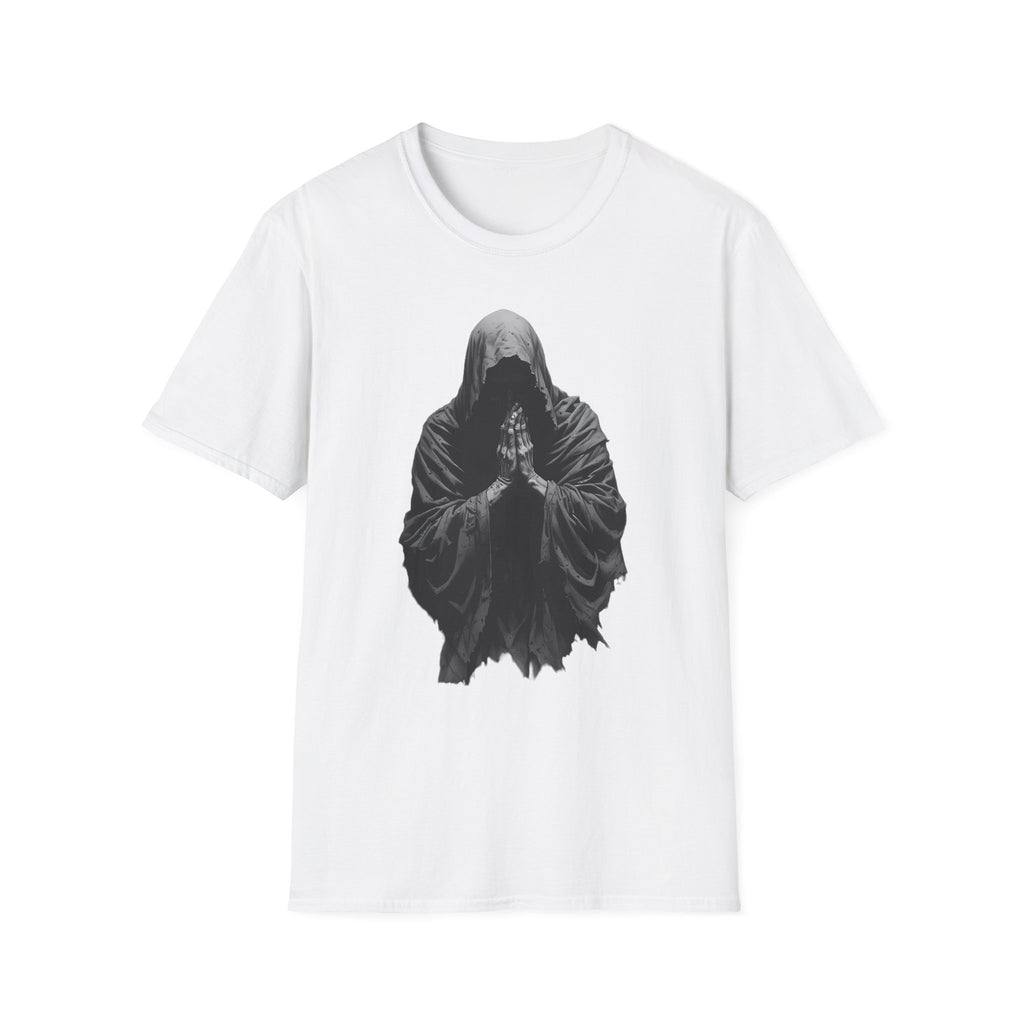 Hooded Figure Prayer T‑Shirt — Gothic Mystical Graphic Tee