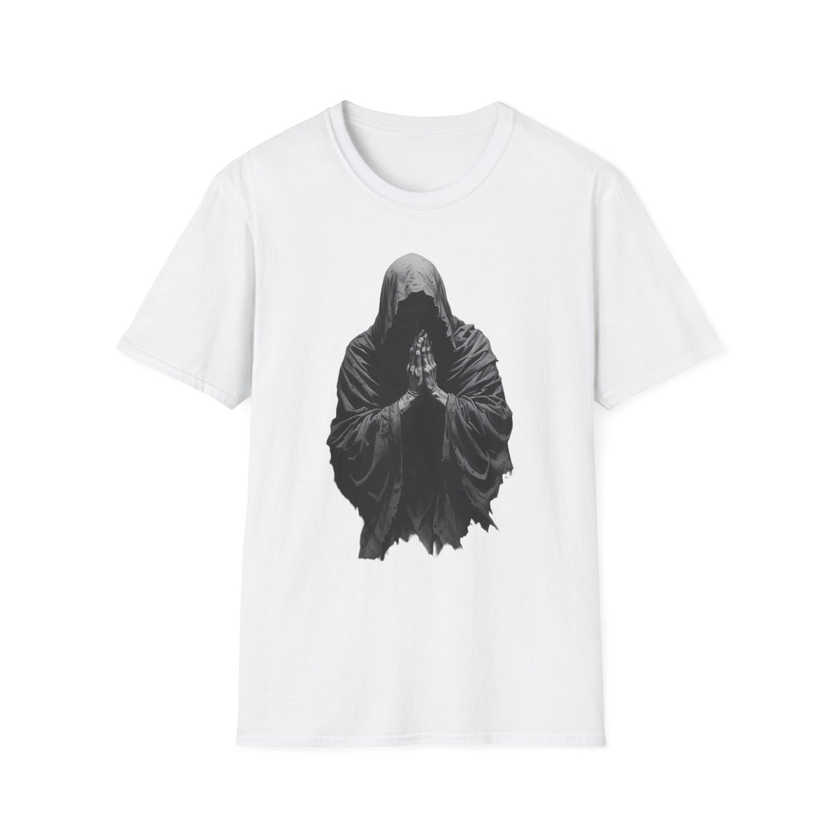Hooded Figure Prayer T‑Shirt — Gothic Mystical Graphic Tee